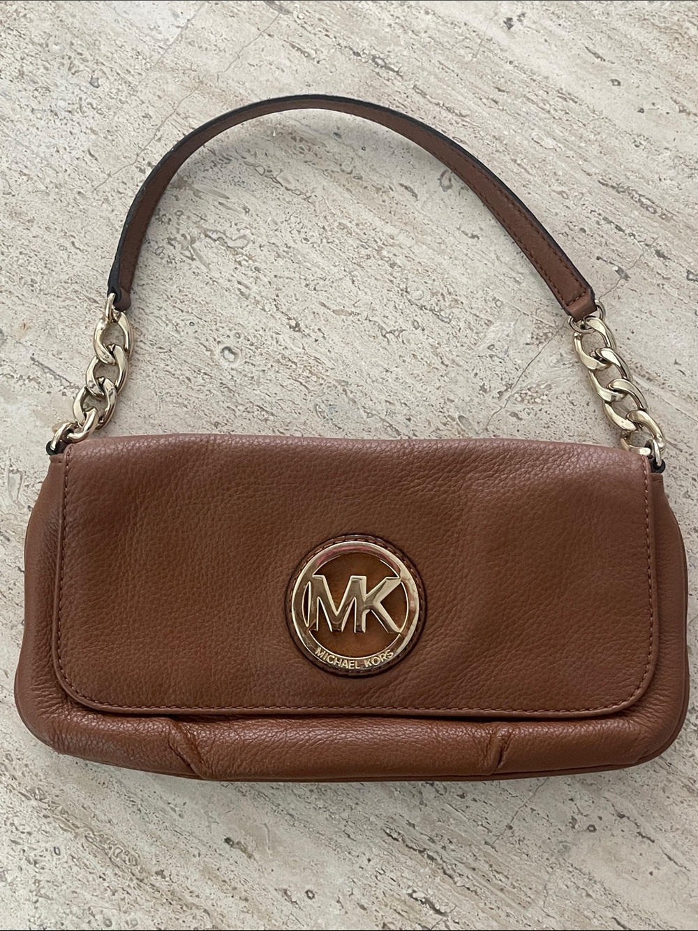 Michael Kors Fulton Acorn Brown and Gold Pebbled Soft leather Shoulder Flap Bag